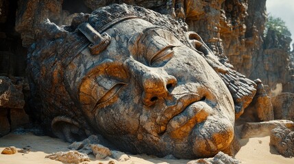 Wall Mural - Massive, ancient stone head sculpture lies in a sandy, rocky terrain, partially covered with shadows from surrounding rocks