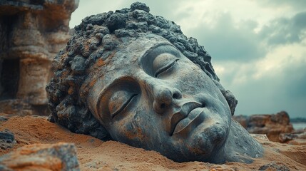 Wall Mural - Large, serene stone head lies partially buried in sand, surrounded by rocky terrain under a cloudy sky, evoking tranquility