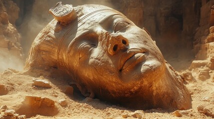 Poster - Giant ancient Egyptian statue head lies partially buried in desert sand amongst surrounding rocky cliffs, emanating a weathered and majestic aura