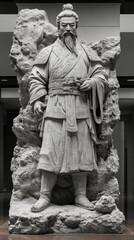 Poster - Detailed stone statue of a historical figure with traditional attire, standing against a rocky background indoors