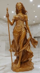 Poster - Golden statue of a woman holding a staff and draped in cloth stands in a marble-floored room with white walls