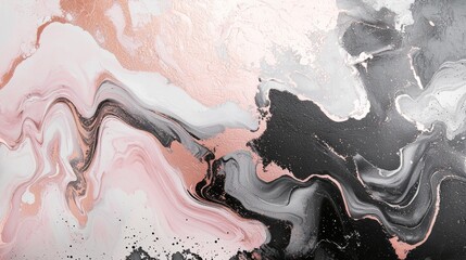 Poster - Liquid marble texture with abstract painting, black, white, pink and gold colors blending together creating unique patterns and textures