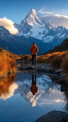 Wall Mural - Person in an orange jacket stands by a reflective pond, facing stunning snowy mountains during a bright day