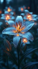 Wall Mural - Glowing blue lily with surrounding flowers illuminated softly in a serene, night-time environment, creating a magical atmosphere