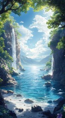 Wall Mural - Serene coastal scene with two waterfalls cascading from cliffs into blue water, surrounded by lush greenery and distant mountains