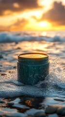 Sticker - Small container stands in the shallow ocean water, with waves splashing around it at sunset, creating a serene atmosphere