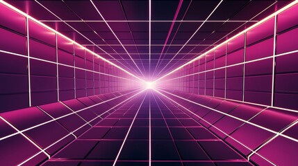 Poster - Futuristic tunnel with glowing grids is leading to a bright light at the end, creating a sense of hope and possibility