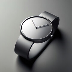 Sleek silver wristwatch with a minimalist design, featuring a round face and two hands, isolated on a grey background.