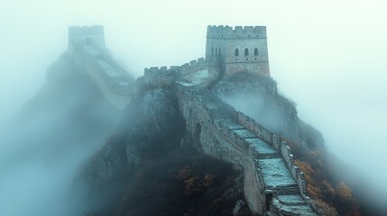 Wall Mural - Misty view of an ancient, fortified wall with stone towers, extending across a hilly landscape, surrounded by fog