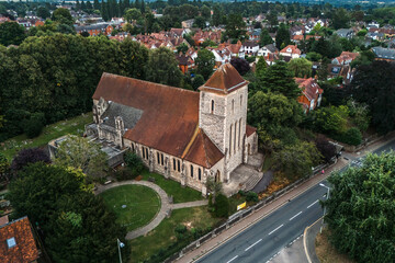 Aerial drone shot of All Saints Church in Bishops Stortford in England