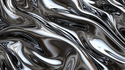 Metallic background with a shiny liquid silver surface forming waves and ripples. This abstract texture creates a dynamic and modern look