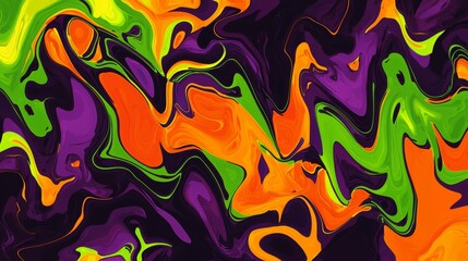 Wall Mural - Abstract background design featuring a swirling, flowing liquid paint effect in green, orange, and purple colors. The design is modern and vibrant