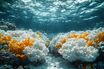Aufkleber - A vibrant, flourishing coral reef teeming with marine life contrasted with a bleached, dead coral reef devoid of color. Concept of vibrant ecosystems versus environmental damage.