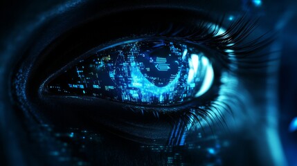 An image of a woman's face with her eye and the concept of digital technology