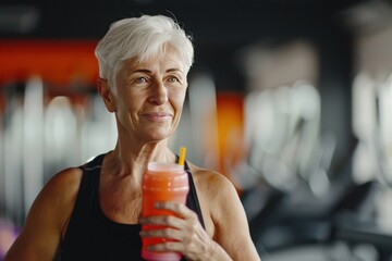 A woman in a blue tank top is holding a pink cup, generative ai image