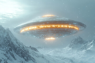 Poster - A shimmering, multi-colored UFO silently drifting over a snow-covered mountain range. Concept of interstellar travel and high-altitude sightings.