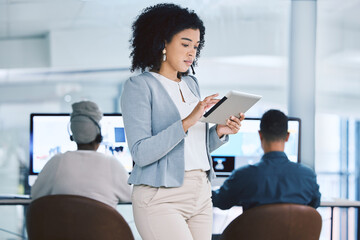 Poster - Office, woman and serious with tablet at call center for research on customer service and telemarketing. Female person, team leader and confident on employee training, internship or skill development