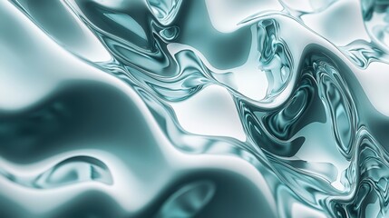 Poster - Mesmerizing metallic turquoise liquid flows gracefully in smooth waves, creating an abstract background shimmering with reflections, exuding luxury and a futuristic vibe