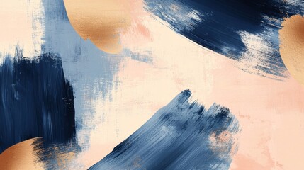 Poster - Brushstrokes are creating an abstract art painting background with a modern color palette including blue navy, gold, and pastel pink