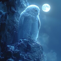 Canvas Print - Snowy Owl Perched on a Cliff Under the Moonlight