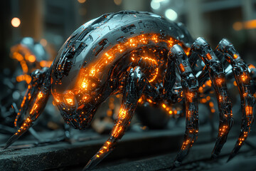 Poster - a monstrous, bio-engineered being with metallic limbs and glowing circuitry, escaping from a futuris