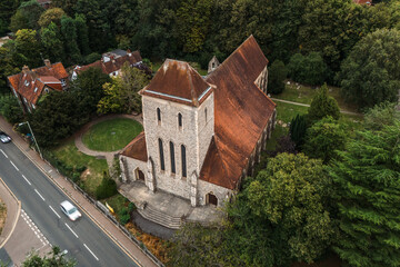 Aerial drone shot of All Saints Church in Bishops Stortford in England