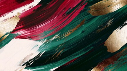 Wall Mural - Abstract painted background with wavy brushstrokes in green, red, white, and gold. Perfect for elegant designs. Adds creativity and style to projects. Festive or trendy use