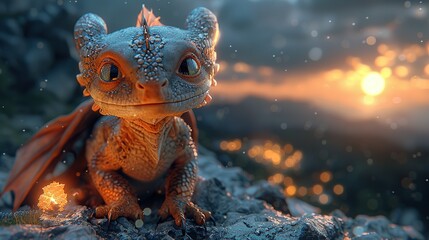 Sticker - Cute baby dragon on the cliff at sunset