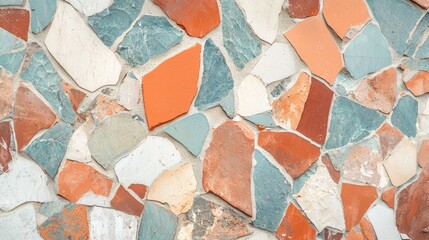 Poster - Mosaic wall is forming a colorful background with a variety of orange, blue and white stones. The different shapes and colors are creating a dynamic and vivid pattern