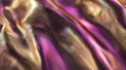 Luxurious purple and gold fabric with a textured surface flowing in the air, creating a sense of movement and elegance. The metallic sheen of the material adds a touch of glamour and sophistication