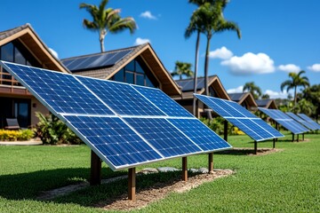 Poster - Clean energy cost-effectiveness is showcased in a realistic photo of a solar-powered community, emphasizing the economic benefits of renewable energy
