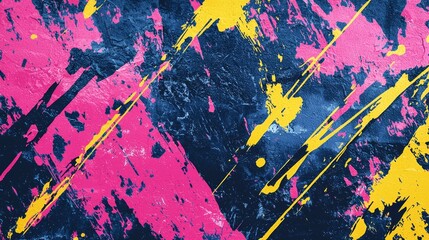 Abstract grunge background featuring energetic strokes of pink, yellow and blue paint, creating a vibrant and dynamic composition