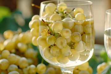 Closeup of Ripe Green Grapes Submerged in Elegant Water Glass, Refreshing Summer Beverage