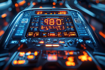 Poster - a close-up of a treadmill's display showing a high number of calories burned and distance covered. c