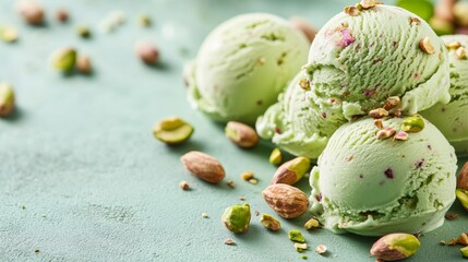 A 3D illustration of chia seeds in ice cream with a pistachio explosion set against a gradient backdrop. Nuts and ice cream combined.