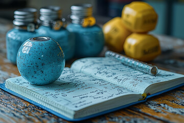 Poster - A close-up of a fitness journal with handwritten workout plans and progress notes. Concept of fitness tracking and personal goal setting.