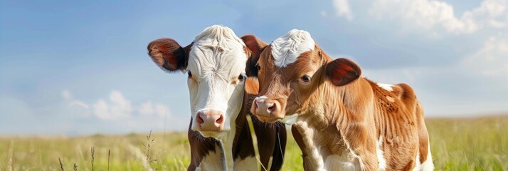 Wall Mural - Cows happily cuddling in a field with a clear blue sky, two calves nuzzling each other.