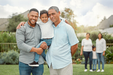 Sticker - Men, generations and happy on portrait in garden on visit for bonding, support and care in Brazil. People, family and smile with confidence in backyard at home for love, trust and relax on break