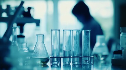 Sticker - In a lab, there is a transparent tube with a fuzzy background of a doctor's assistant at work