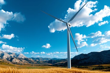 Poster - Clean energy engineering advancements are showcased in a realistic photo of a wind farm harnessing power from a strong breeze in an open field