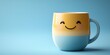 © keks20034 - A coffee cup with a smiley face on a blue background embodies the concept of a happy morning