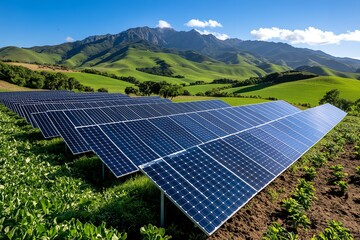 Fototapete - Clean energy engineering is showcased in a realistic photo of a solar farm with rows of solar panels set against a backdrop of rolling hills
