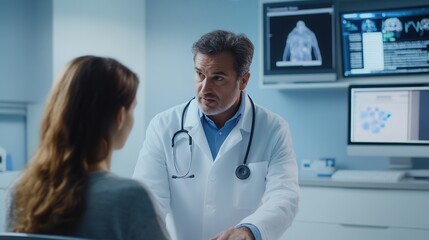 Aufkleber - A doctor uses a stethoscope to examine a patient with care in a clean and modern clinic environment. Generative AI