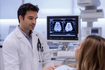Aufkleber - A doctor attentively assesses a patient while using a stethoscope in a clean, modern clinic setting with advanced medical technology. Generative AI