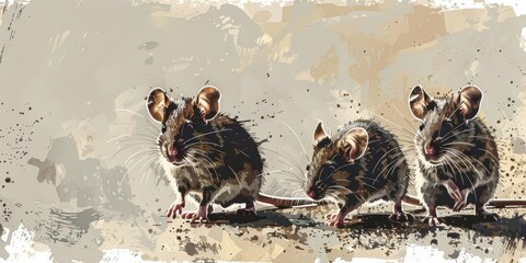 A group of four adorable grey mice sitting close together on a neutral background.