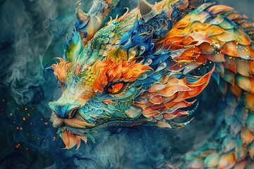 Canvas Print - A Colorful Dragon's Head Emerging from Smoke