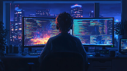 A man is sitting in front of two computer monitors