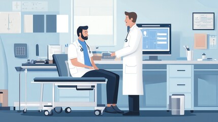 Aufkleber - A doctor attentively evaluates a patient in a clean, modern clinic room while using a stethoscope for a thorough examination. Generative AI