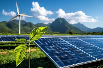 Poster - Clean energy plant operation is captured in a realistic photo showcasing the day-to-day functioning of a solar farm