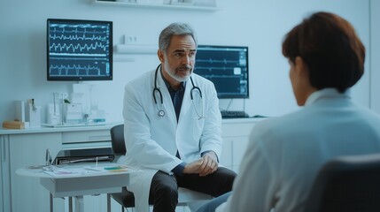 Aufkleber - A doctor dressed in a white lab coat attentively examines a patient with a stethoscope in a bright, modern clinic room. Generative AI